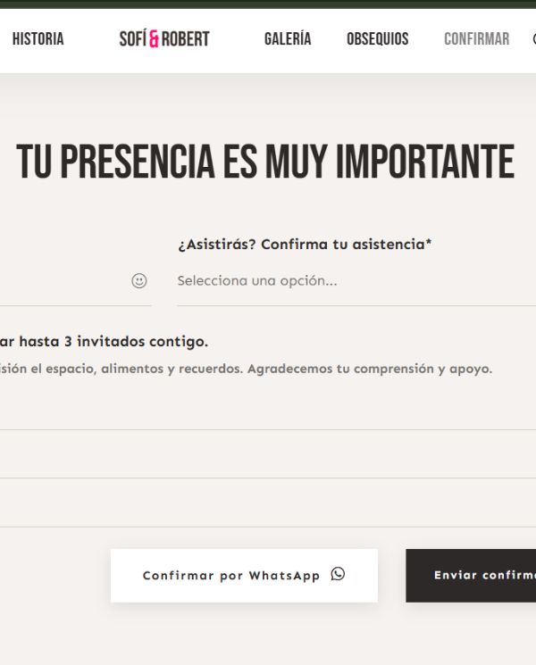 Confirmación de asistencia (RSVP) en una invitación digital para boda